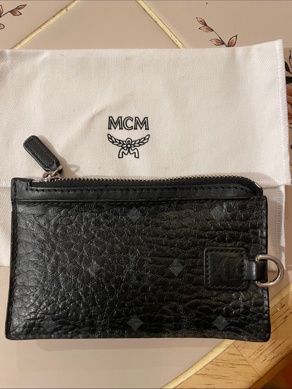 MCM Black Pebbled Leather Zip Card Case with Key Ring D-Ring